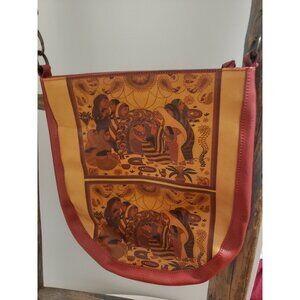 Red & Tan Shoulder Bag with South Asian Style Art